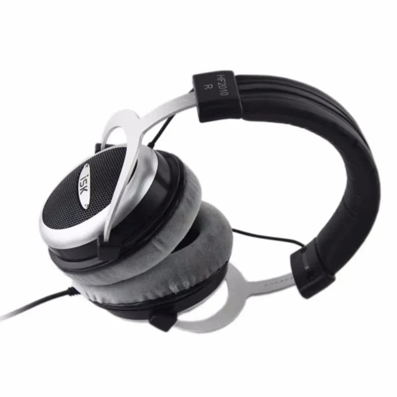 Black and silver iSK HF2010 semi-open monitor headphone hifi with metallic headband and padded gray fabric earcups for stereo studio recording and appreciation noise canceling