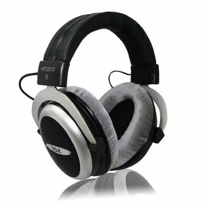 Silver and black iSK HF2010 semi-open monitor headphone hiFi with plush gray ear cushions for stereo studio recording and noise canceling headphones