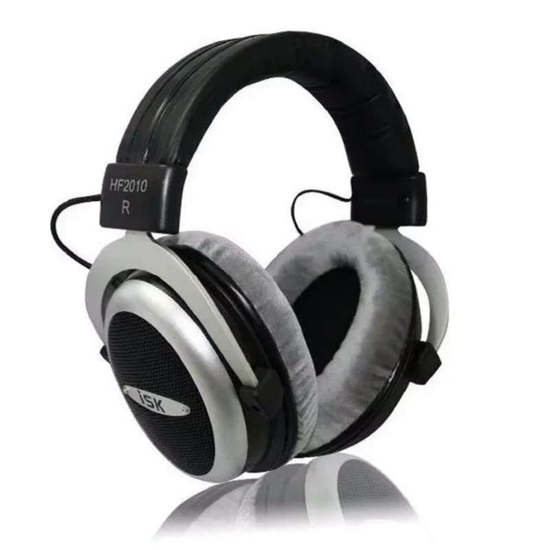 Silver and black iSK HF2010 semi-open monitor headphone HiFi with plush gray cushions for stereo studio recording and noise canceling