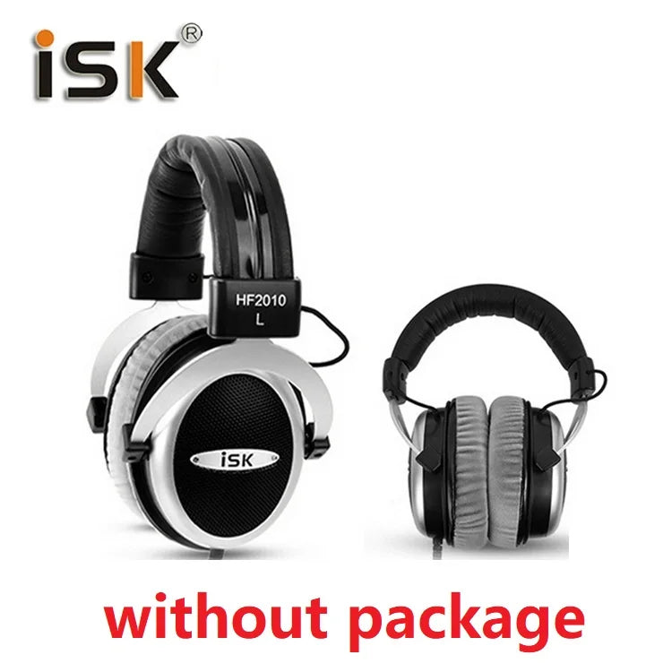 Black and silver iSK HF2010 over-ear monitor headphone hifi with padded headband and noise canceling for stereo studio recording