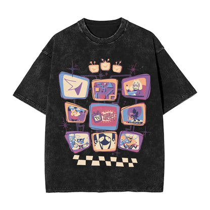 Black distressed cotton hop washed oversize t-shirt with vibrant tenna deltarune novelty tv screen graphic for women tops streetwear