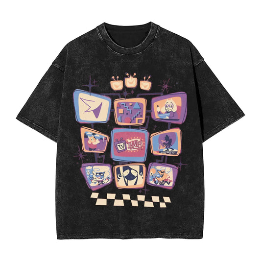Black distressed cotton t-shirt with vibrant retro tv screen graphic featuring cartoon characters for shirts hip hop streetwear