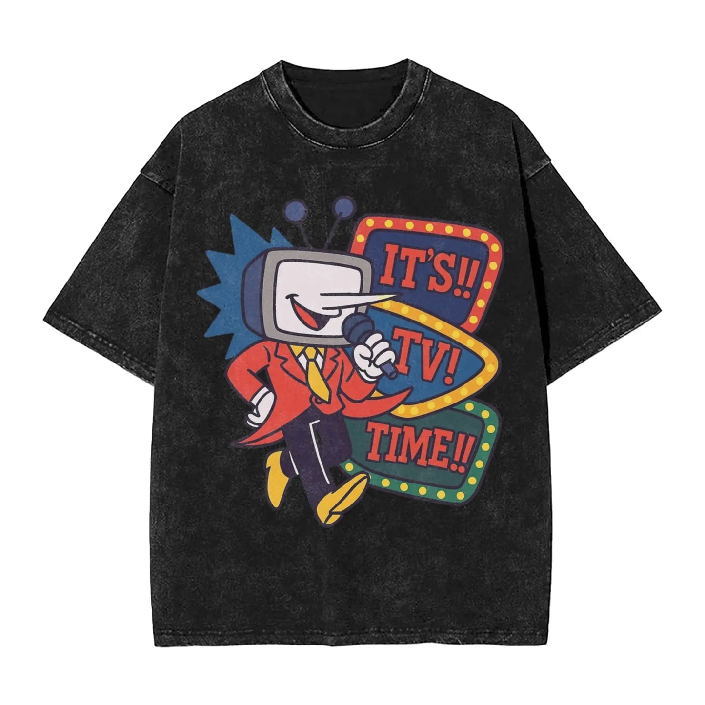Black distressed cotton t-shirt with vibrant cartoon tenna deltarune novelty in red suit and retro neon signs, hip hop washed oversize women tops streetwear