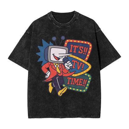 Black distressed cotton t-shirt with vibrant cartoon tenna deltarune novelty in red suit and retro neon signs, hip hop washed oversize women tops streetwear