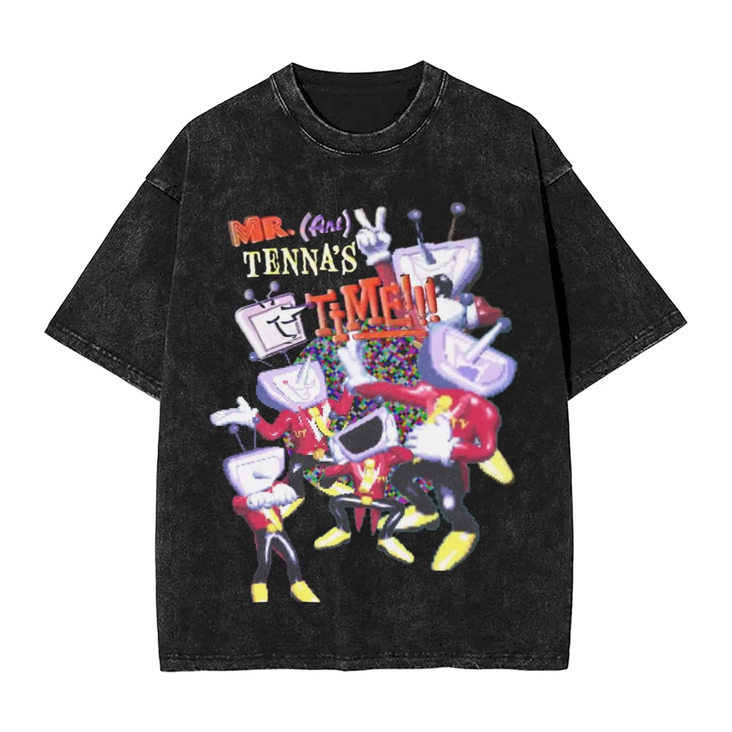 Black distressed cotton t-shirt with vibrant animated robot graphic tenna deltarune novelty hip hop washed oversize women tops streetwear
