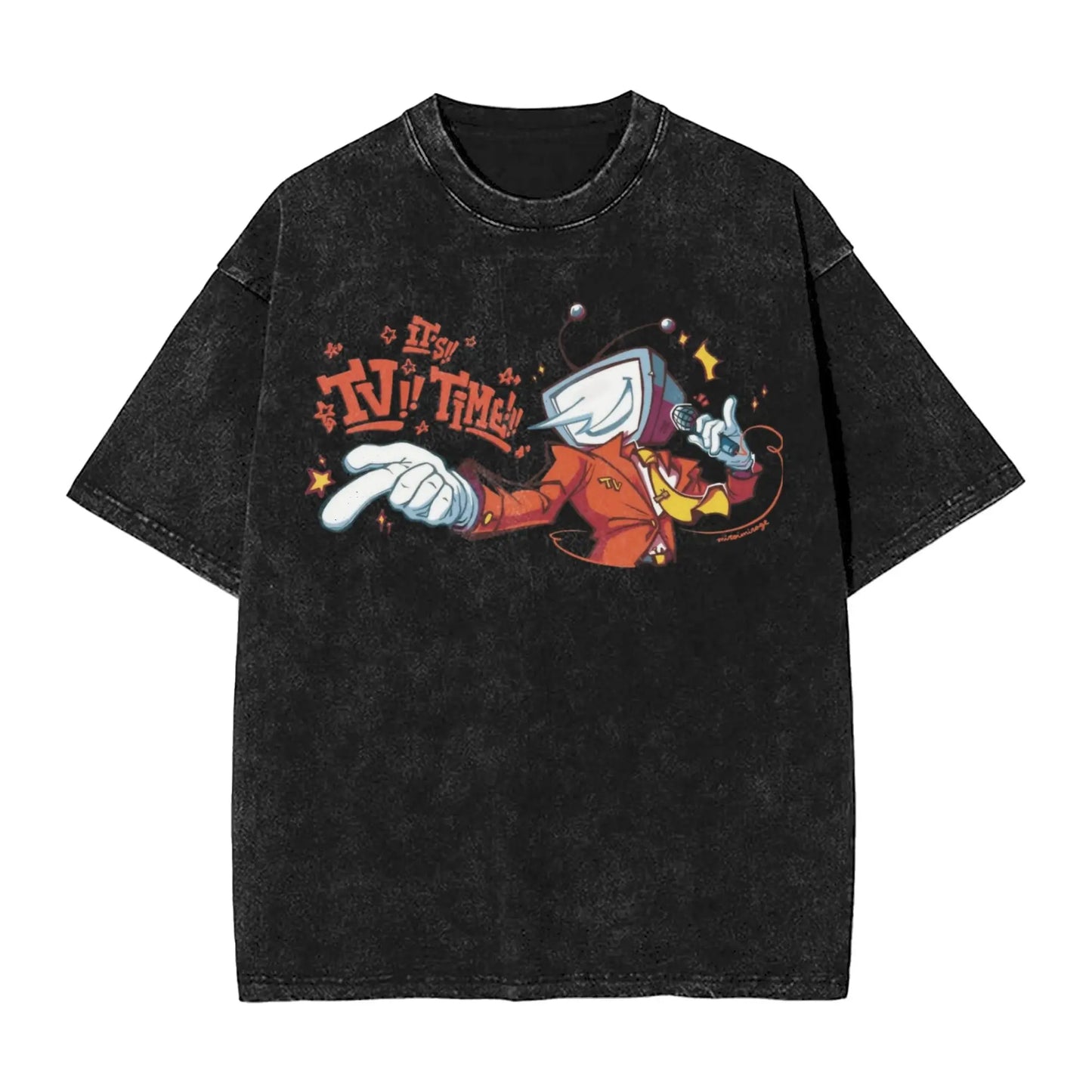 Black distressed cotton t-shirt with vibrant cartoon tenna deltarune novelty graphic for women tops streetwear hip hop style