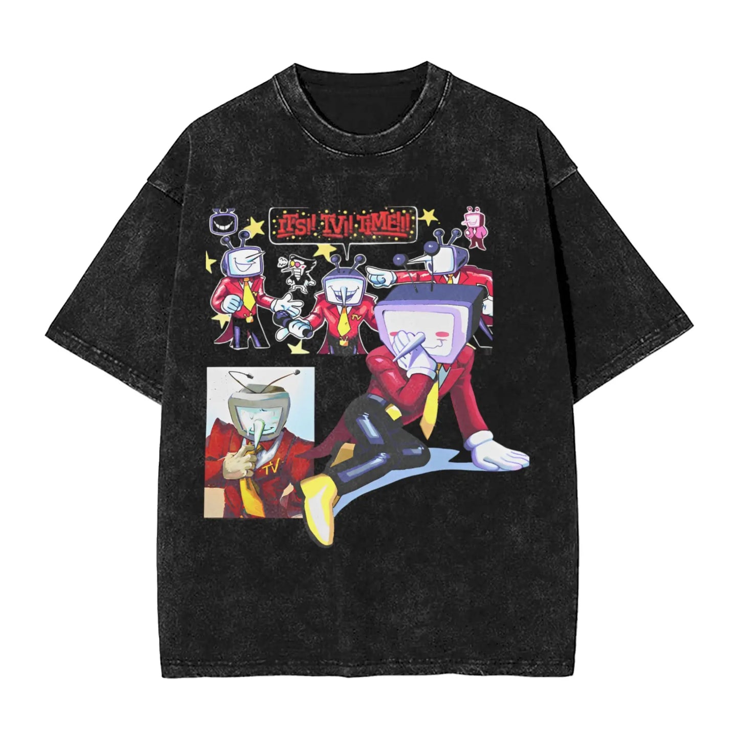 Black distressed cotton t-shirt featuring vibrant cartoon tv-headed characters in red suits for shirts hip hop streetwear