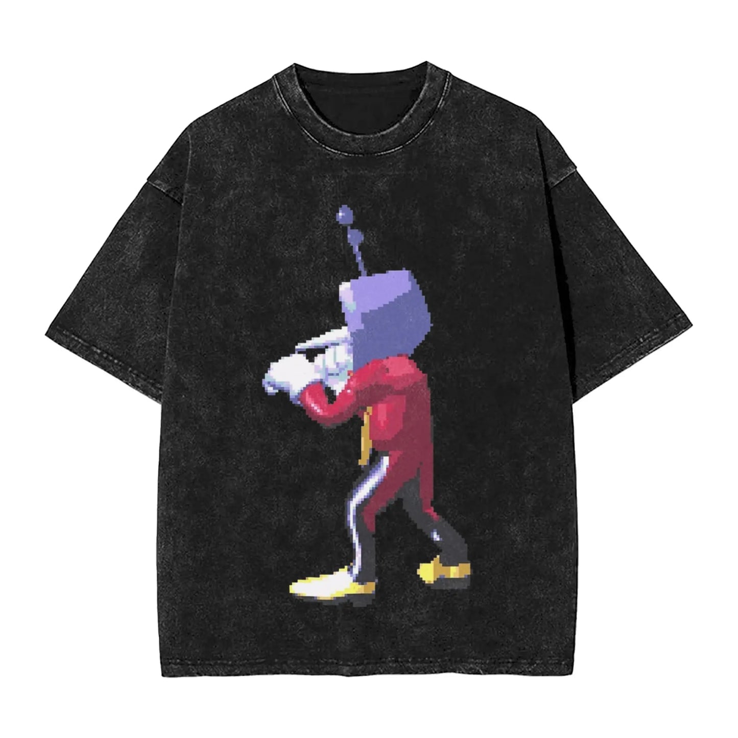 Black distressed cotton t-shirt featuring a pixelated robot graphic for tenna deltarune novelty women tops streetwear