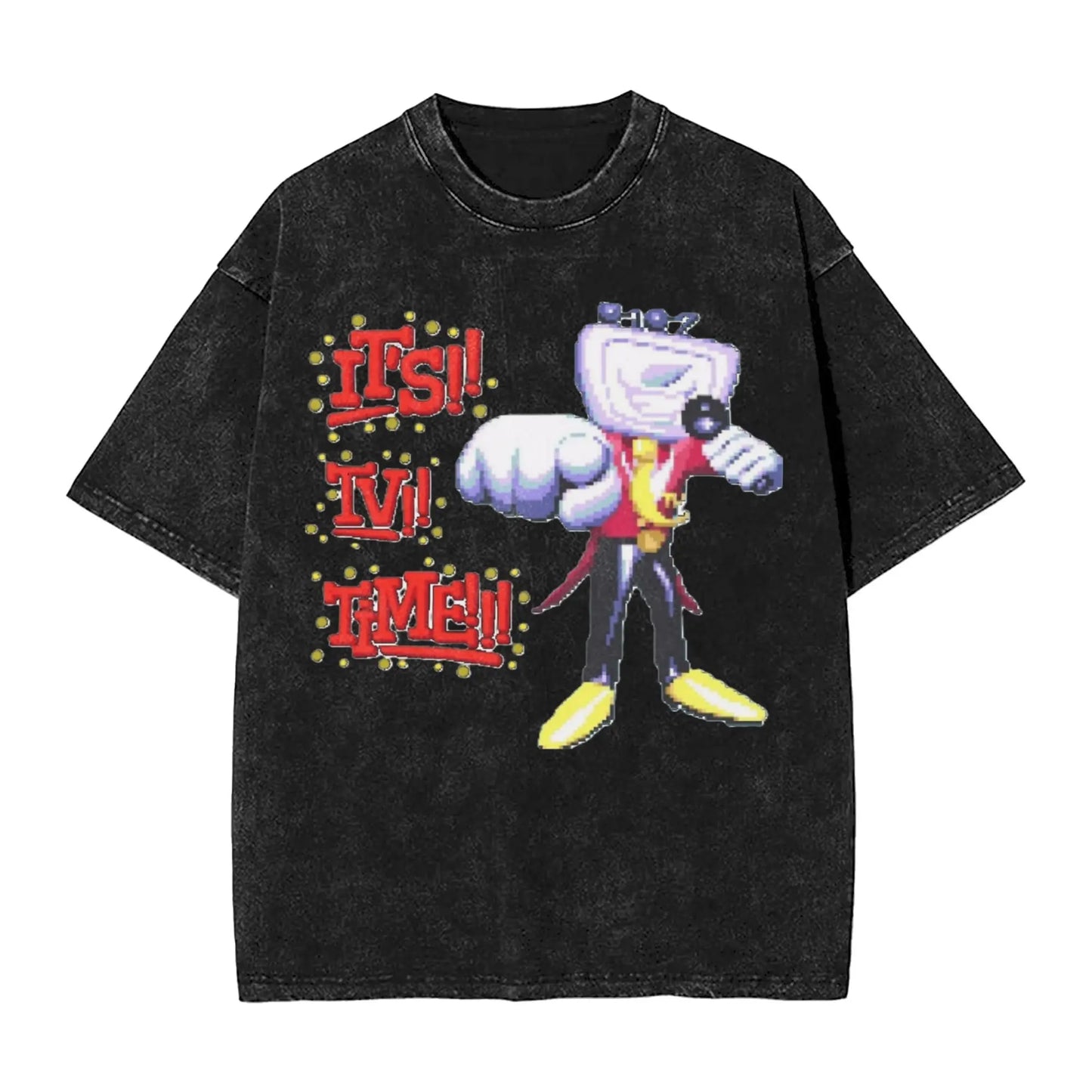 Black hop washed oversize t shirt with tenna deltarune novelty pixelated character and its tv time text for women tops streetwear