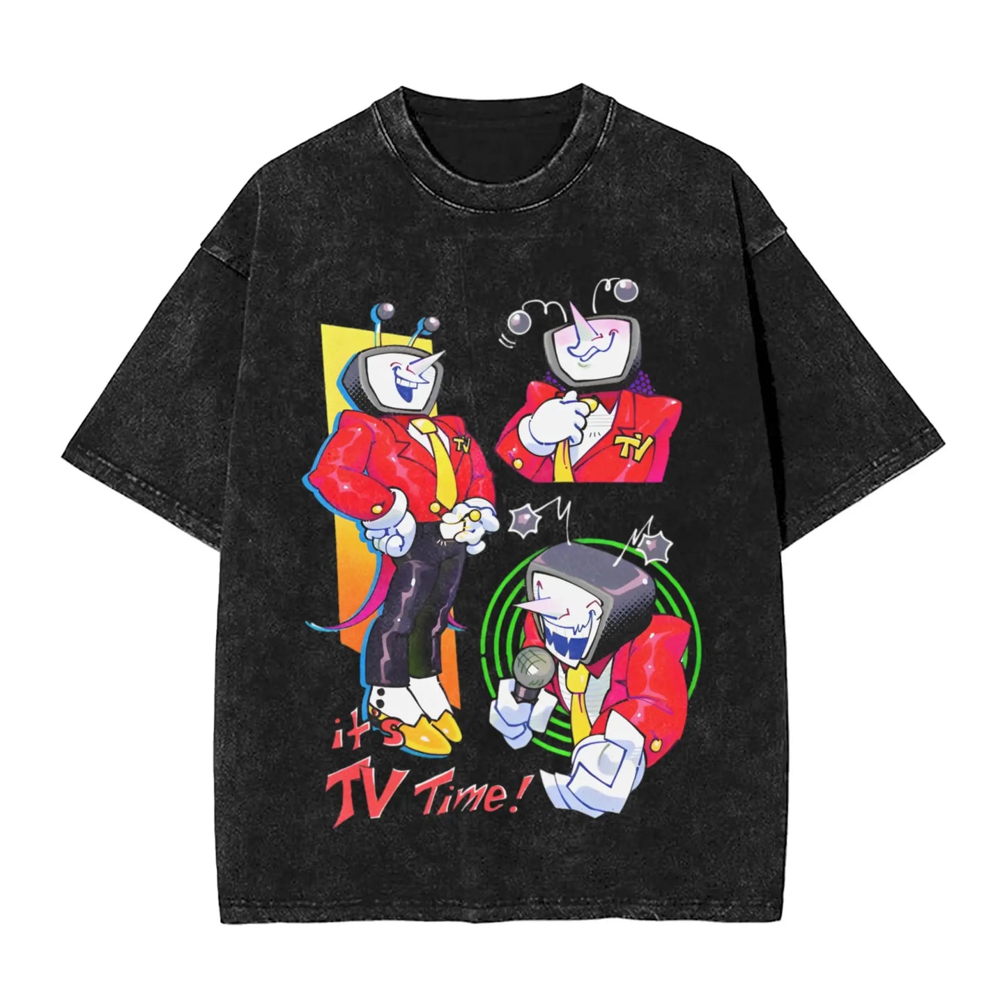 Black distressed cotton t-shirt featuring vibrant tenna deltarune novelty graphic with tv characters and text is tv time ideal for women tops streetwear hop washed oversize styling
