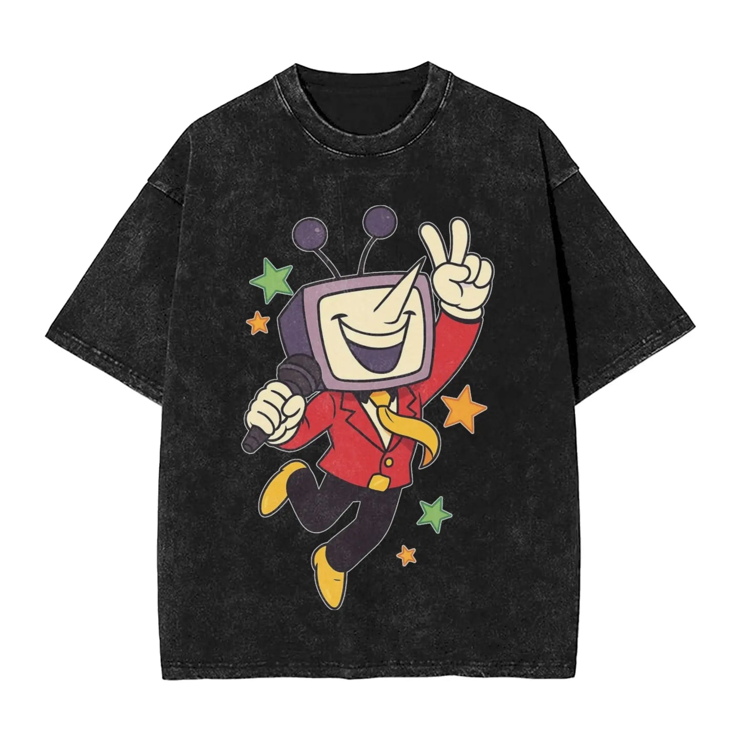 Black distressed cotton hop washed oversize t-shirt featuring tenna deltarune novelty cartoon character for women tops streetwear