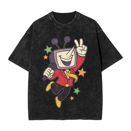 Black distressed cotton hop washed oversize t-shirt featuring tenna deltarune novelty cartoon character for women tops streetwear