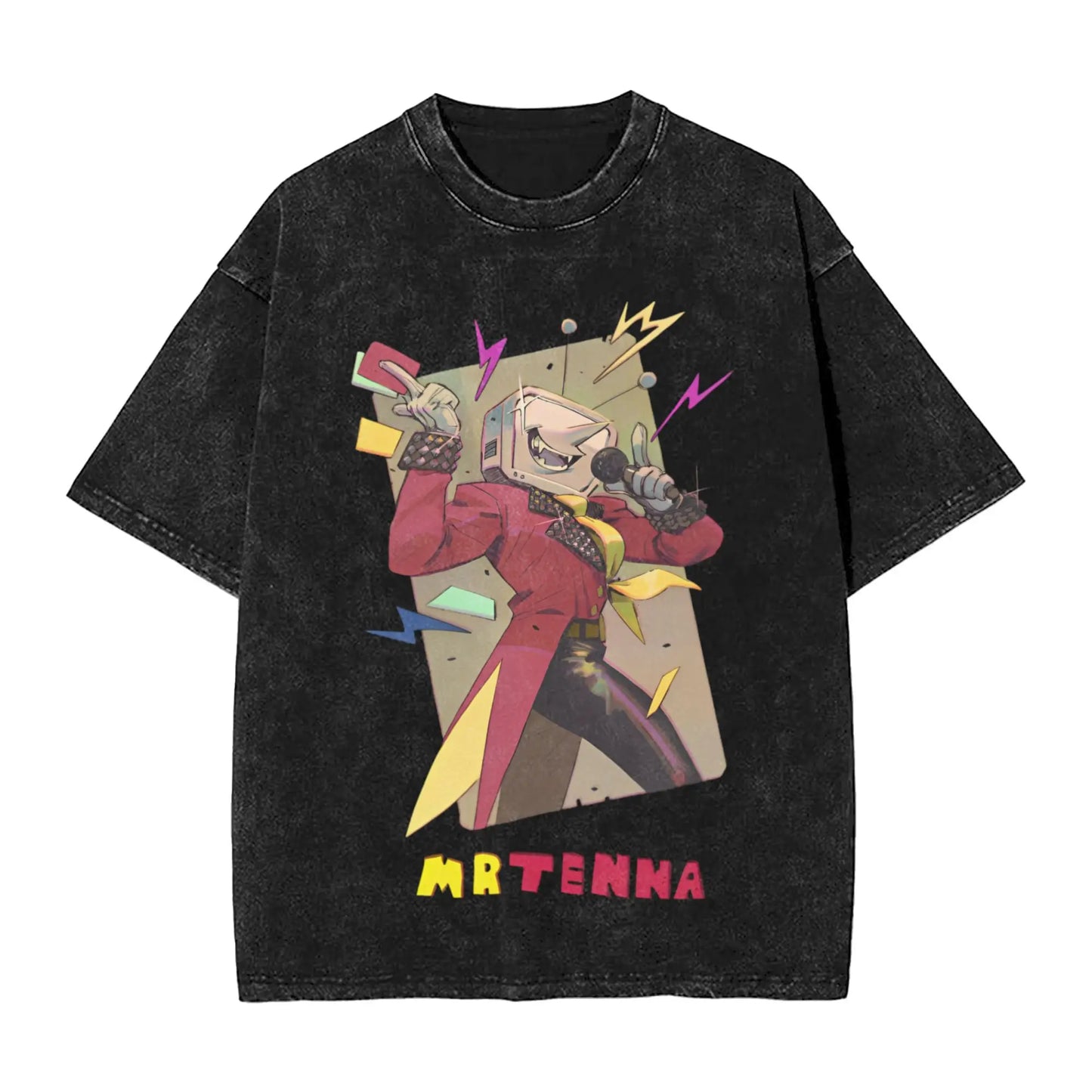 Black distressed cotton t-shirt with vibrant cartoon graphic mr in tenna deltarune novelty hip hop washed oversize style women tops streetwear