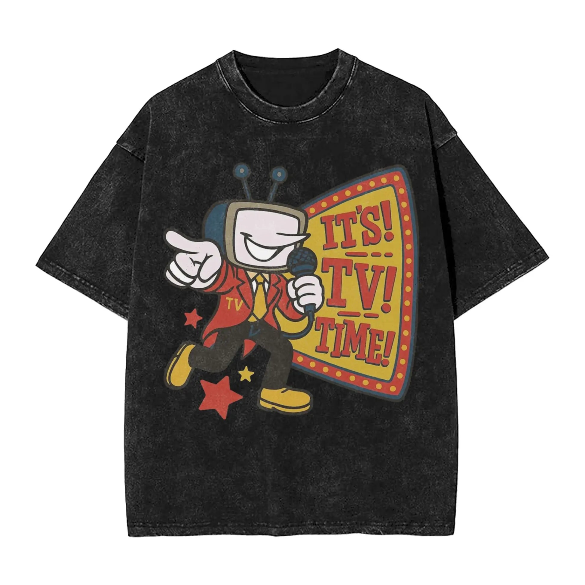 Black distressed cotton hop washed oversize t-shirt featuring tenna deltarune novelty cartoon for women tops streetwear