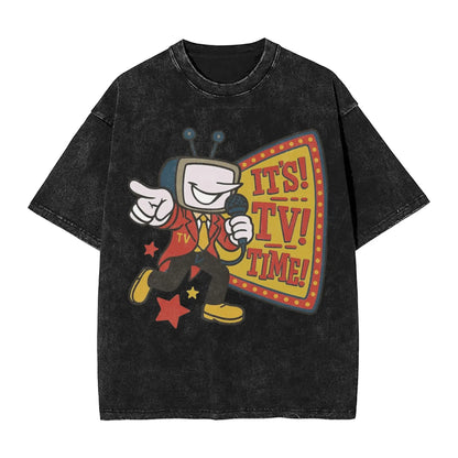 Black distressed cotton hop washed oversize t-shirt featuring tenna deltarune novelty cartoon for women tops streetwear