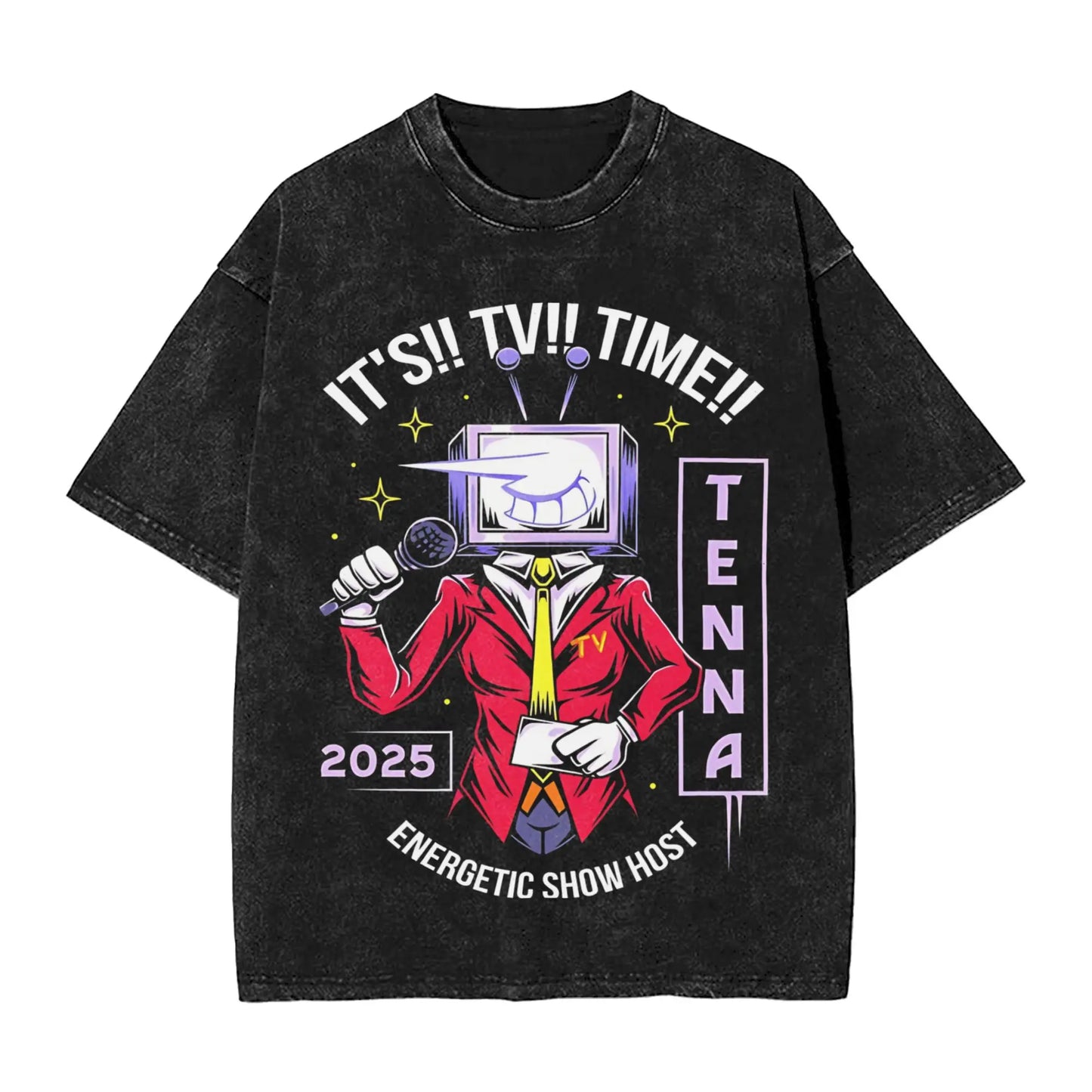 Black distressed cotton t-shirt featuring an animated tv-headed host graphic and its tv time text for shirts hip hop and tenna deltarune novelty