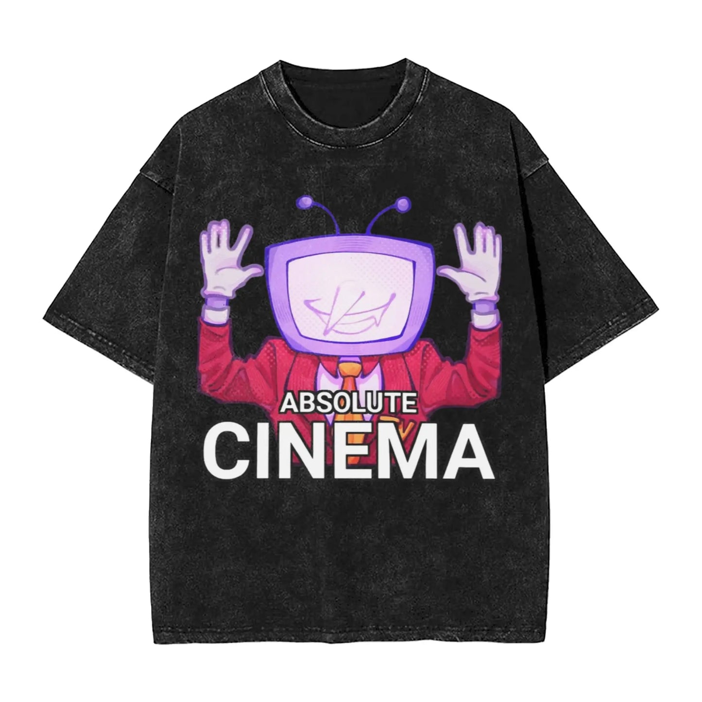 Black distressed cotton t-shirt with purple tv-headed character in red suit and absolute cinema text for women tops streetwear