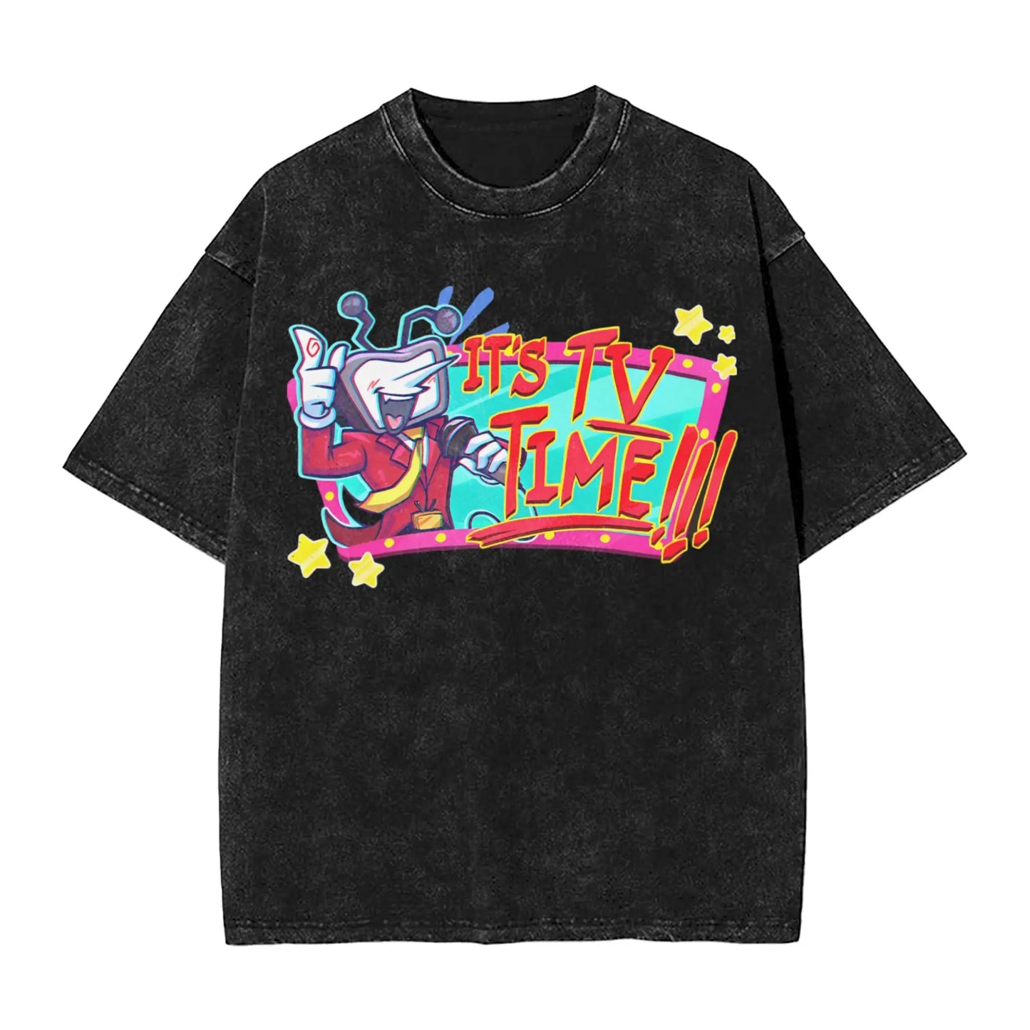 Black distressed cotton t-shirt featuring vibrant cartoon tenna deltarune novelty and bold its tv time text for women tops streetwear