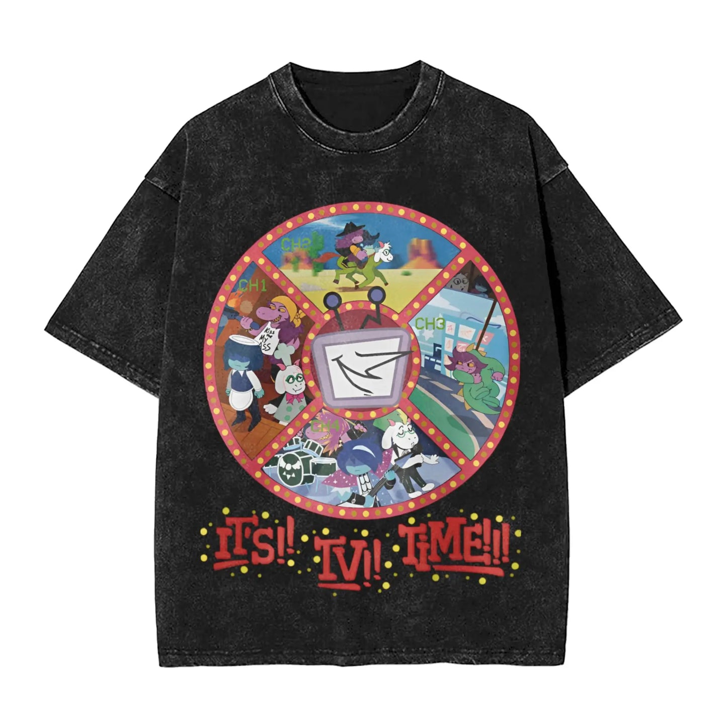Black distressed cotton hop washed oversize t-shirt with vibrant circular tenna deltarune novelty graphic for women tops streetwear