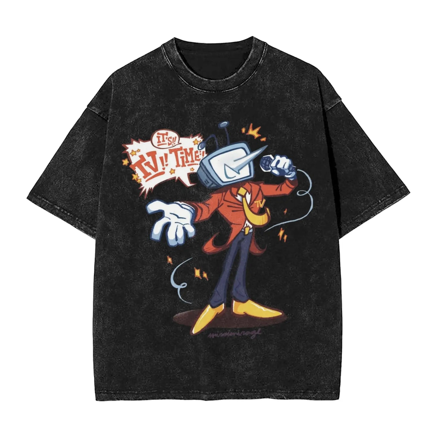 Black distressed cotton t-shirt featuring Tenna Deltarune novelty cartoon for women tops streetwear summer use