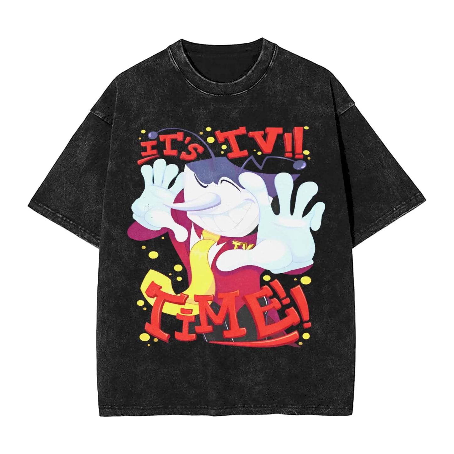 Black distressed cotton hop washed oversize t-shirt with vibrant waving character graphic and tenna deltarune novelty text for women tops streetwear