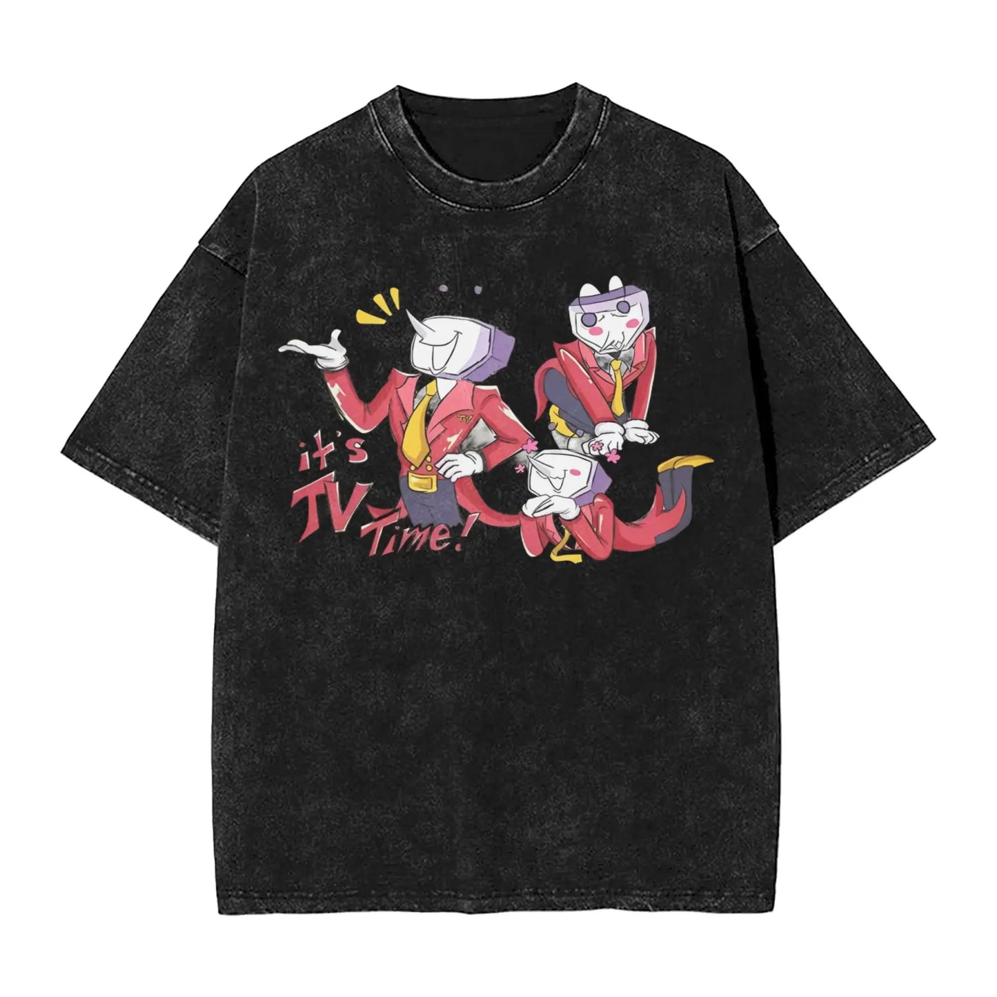 Black distressed cotton tenna deltarune novelty t shirt with vibrant anime graphic and it’s tv time text for women tops streetwear
