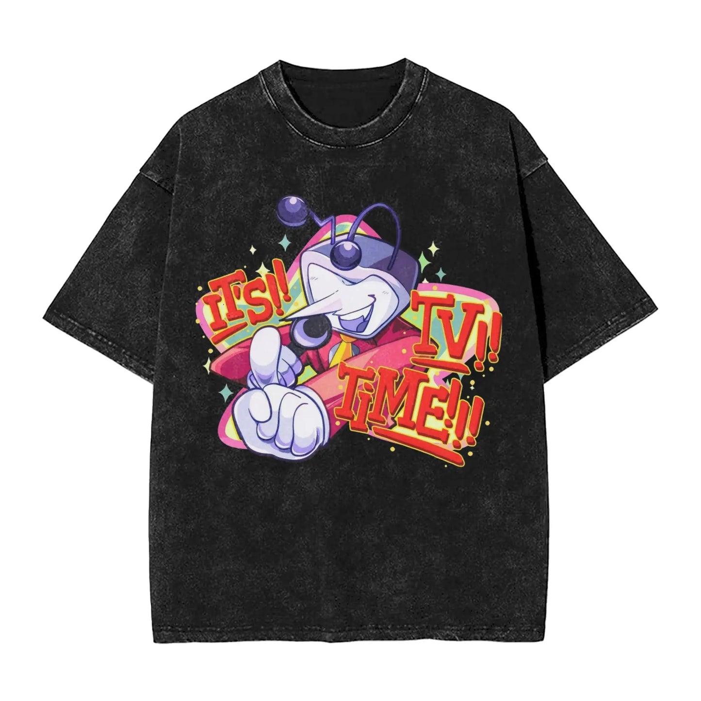 Black distressed cotton t-shirt with vibrant cartoon ant and bold it’s tv time text tenna deltarune novelty streetwear tops
