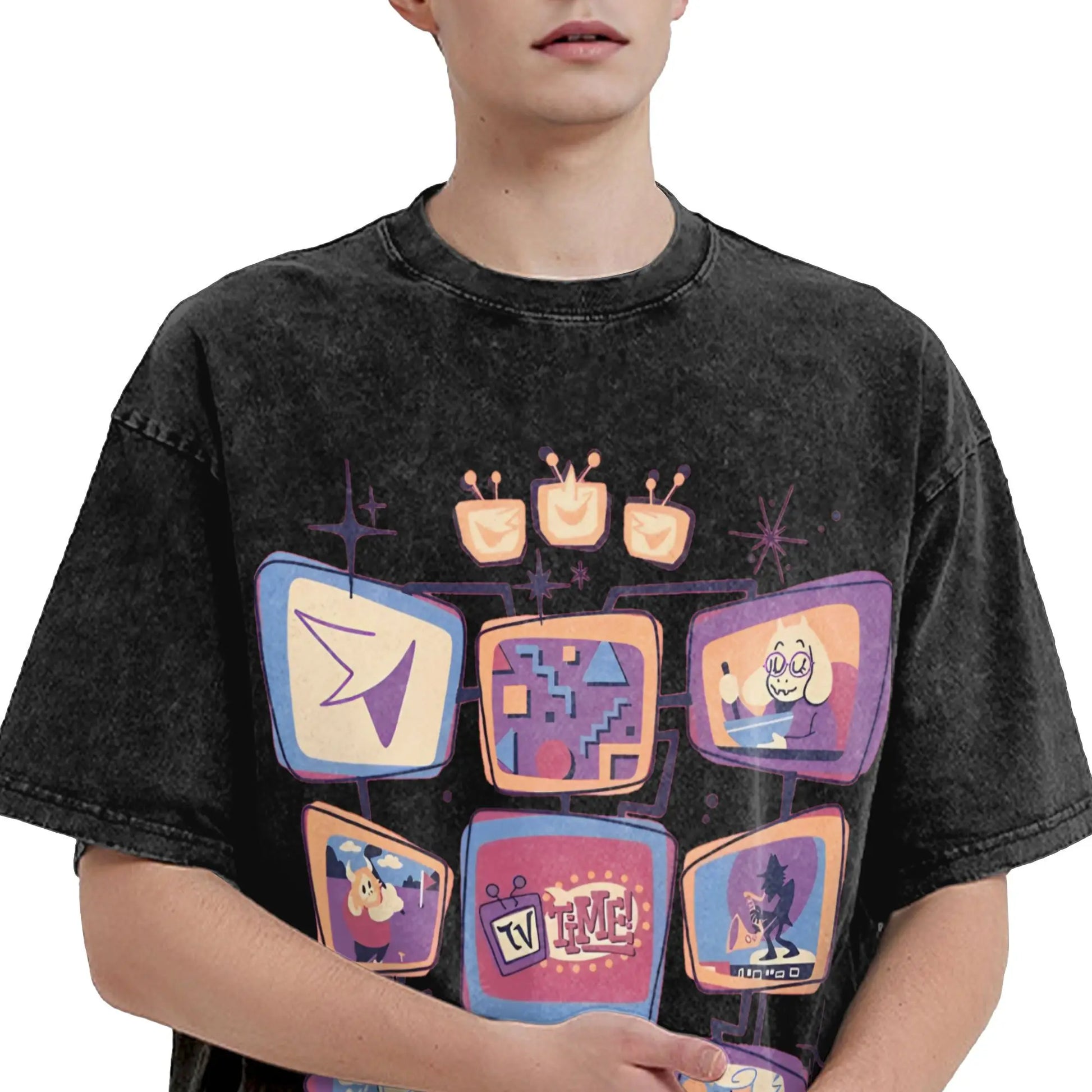 Black oversized hip hop t shirt with faded vintage wash and colorful tenna deltarune novelty graphics for women tops streetwear