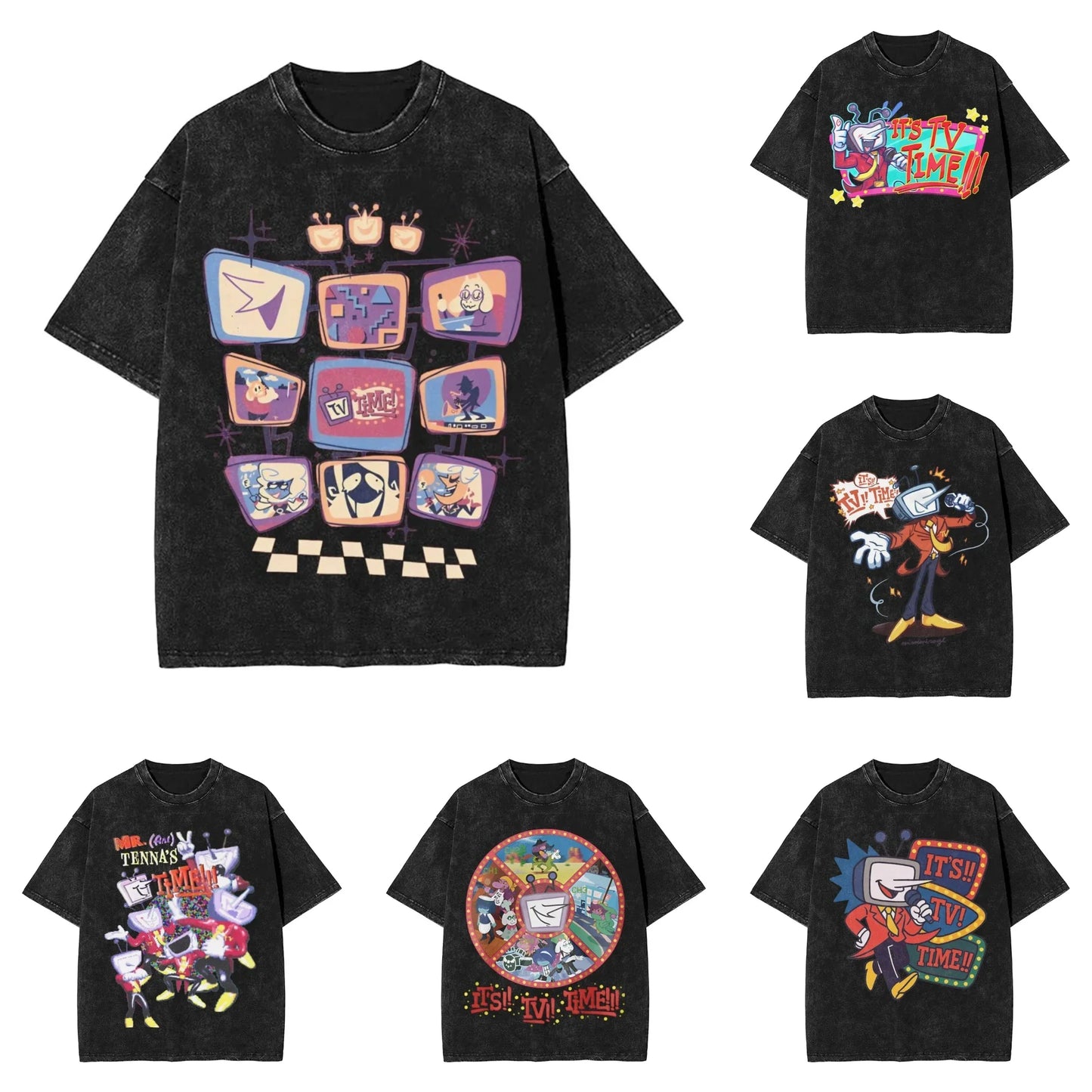 Black hop washed oversize t-shirt featuring tenna deltarune novelty vibrant retro tv-themed graphic for women tops streetwear