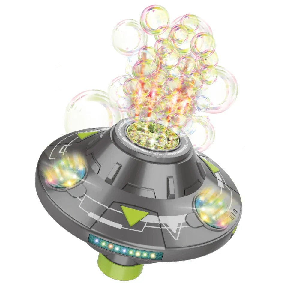 Ivtivfu ufo bubble machine gray and green with glowing lights emitting colorful bubbles featuring obstacle avoidance for kids parties ages 3-12