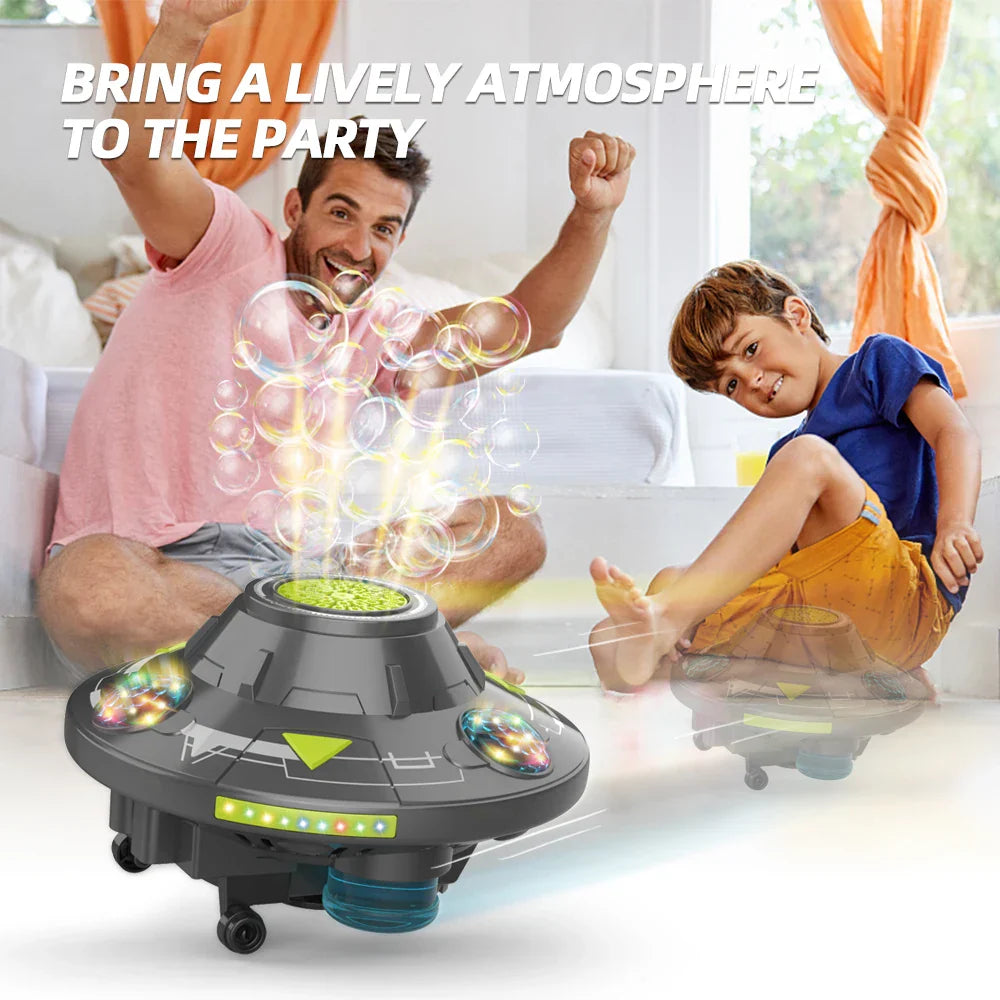 Ivtivfu ufo bubble machine in black and green with colorful led lights and obstacle avoidance for kids parties ages 3 to 12