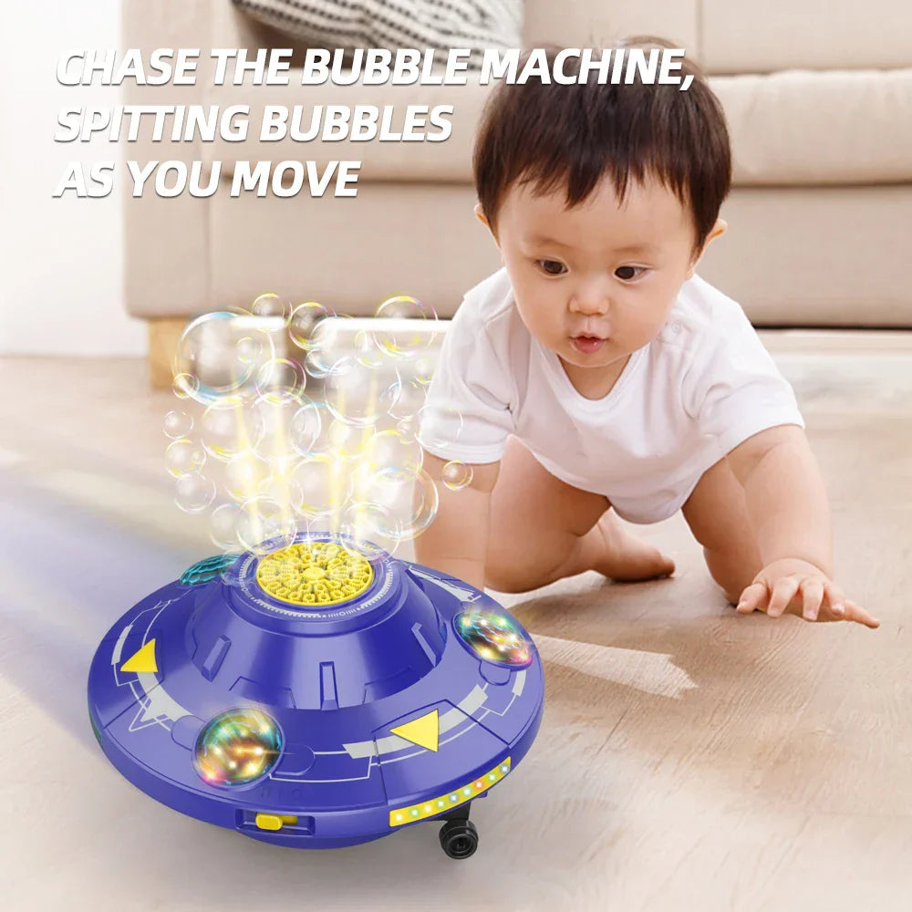 Blue IVTIVFU UFO bubble machine with colorful LED lights obstacle avoidance for kids parties ages 3 to 12