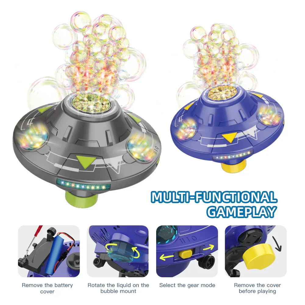 Gray and blue ivtivfu ufo bubble machine with glowing lights and obstacle avoidance for kids parties ages 3-12