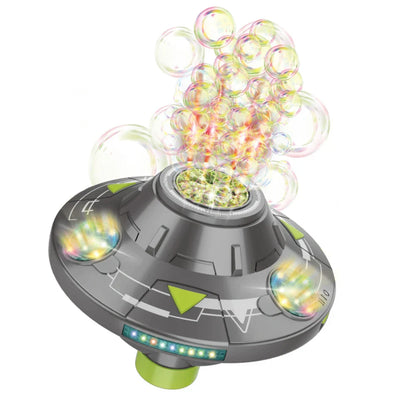 Gray and green ivtivfu ufo bubble machine with glowing lights emitting colorful bubbles for kids parties ages 3-12 with obstacle avoidance