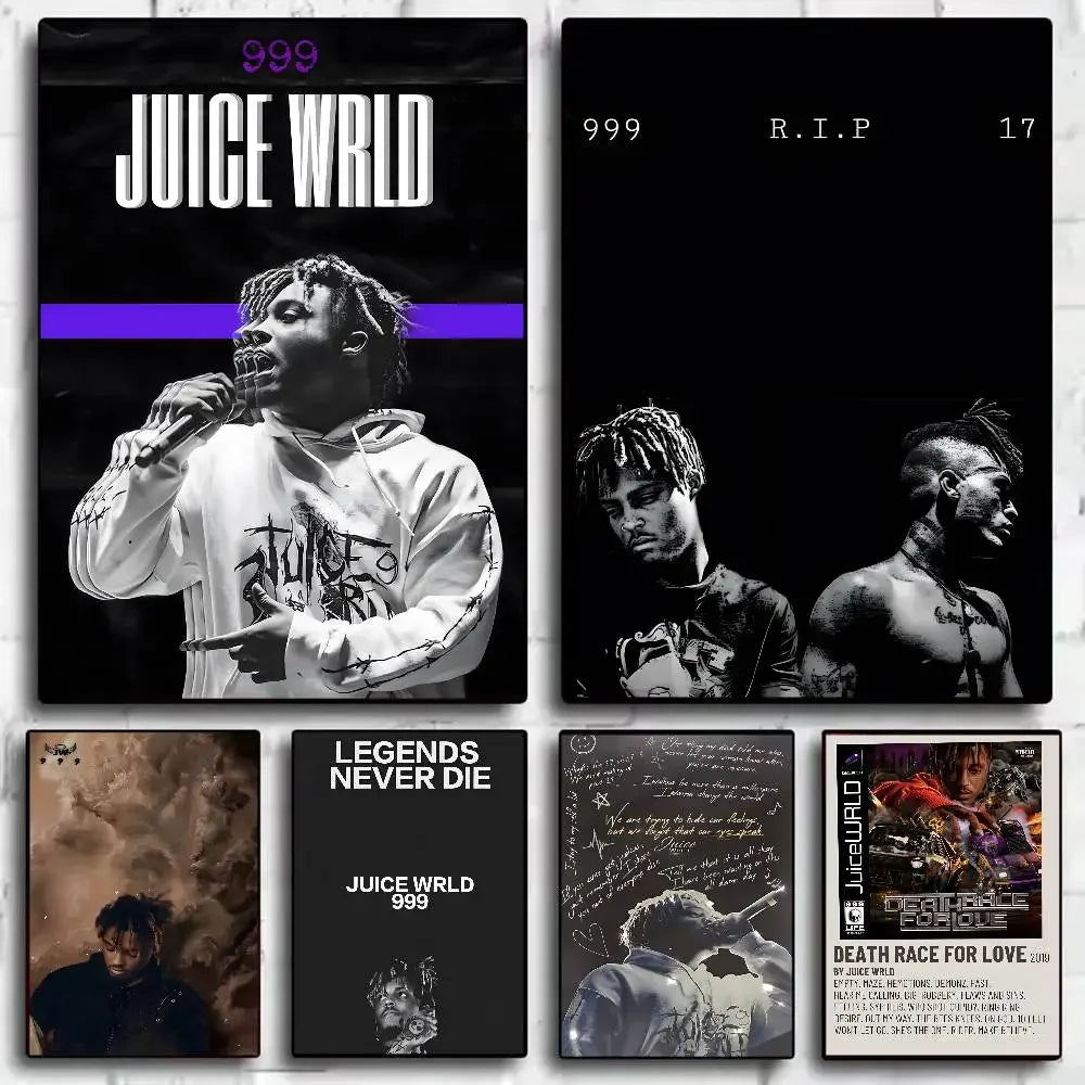 Black and white waterproof home living wrld hip hop legends tribute poster featuring juice wrld in hoodie with 999 text