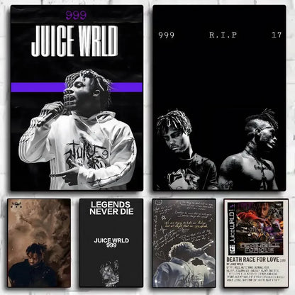 Black and white waterproof home living wrld hip hop legends tribute poster featuring juice wrld in hoodie with 999 text