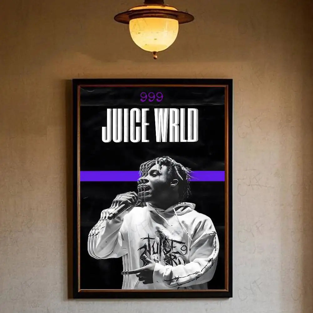 Black and white framed juice wrld hip hop legends tribute poster with bold purple text ideal for waterproof home living