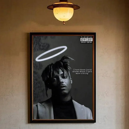 Black and white framed xxxtentacion hip hop legends tribute poster with glowing halo and parental advisory label for waterproof home living