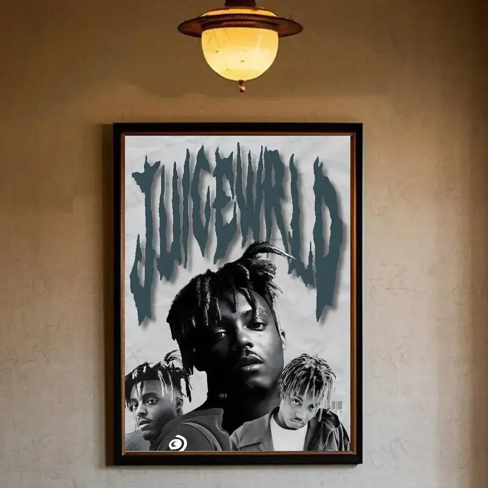Black and white framed j juice wrld hip hop legends tribute poster with green lettering for waterproof home living decor