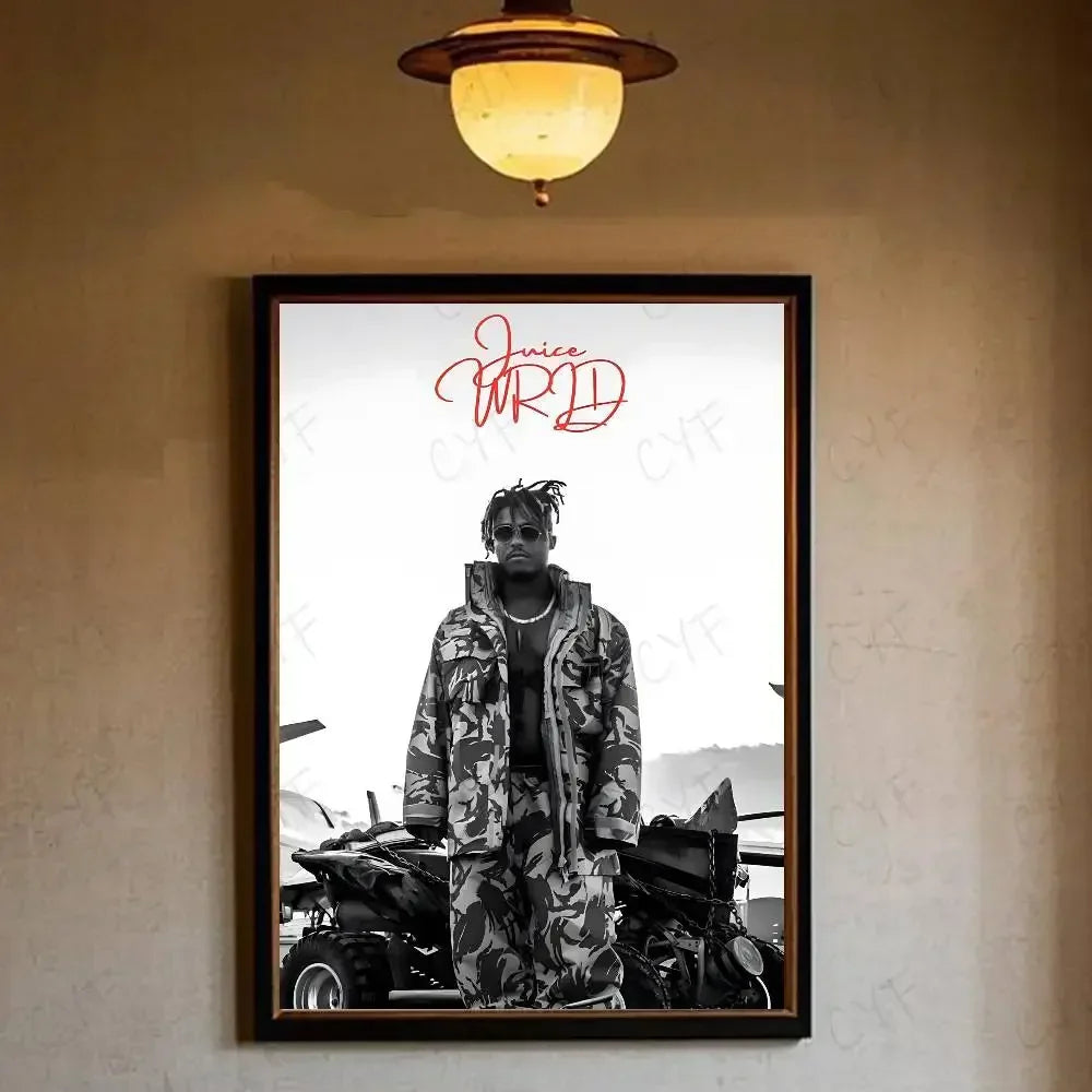 Black and white framed wrld hip hop legends tribute poster featuring juice wrld in camouflage with red cursive text waterproof home living decor