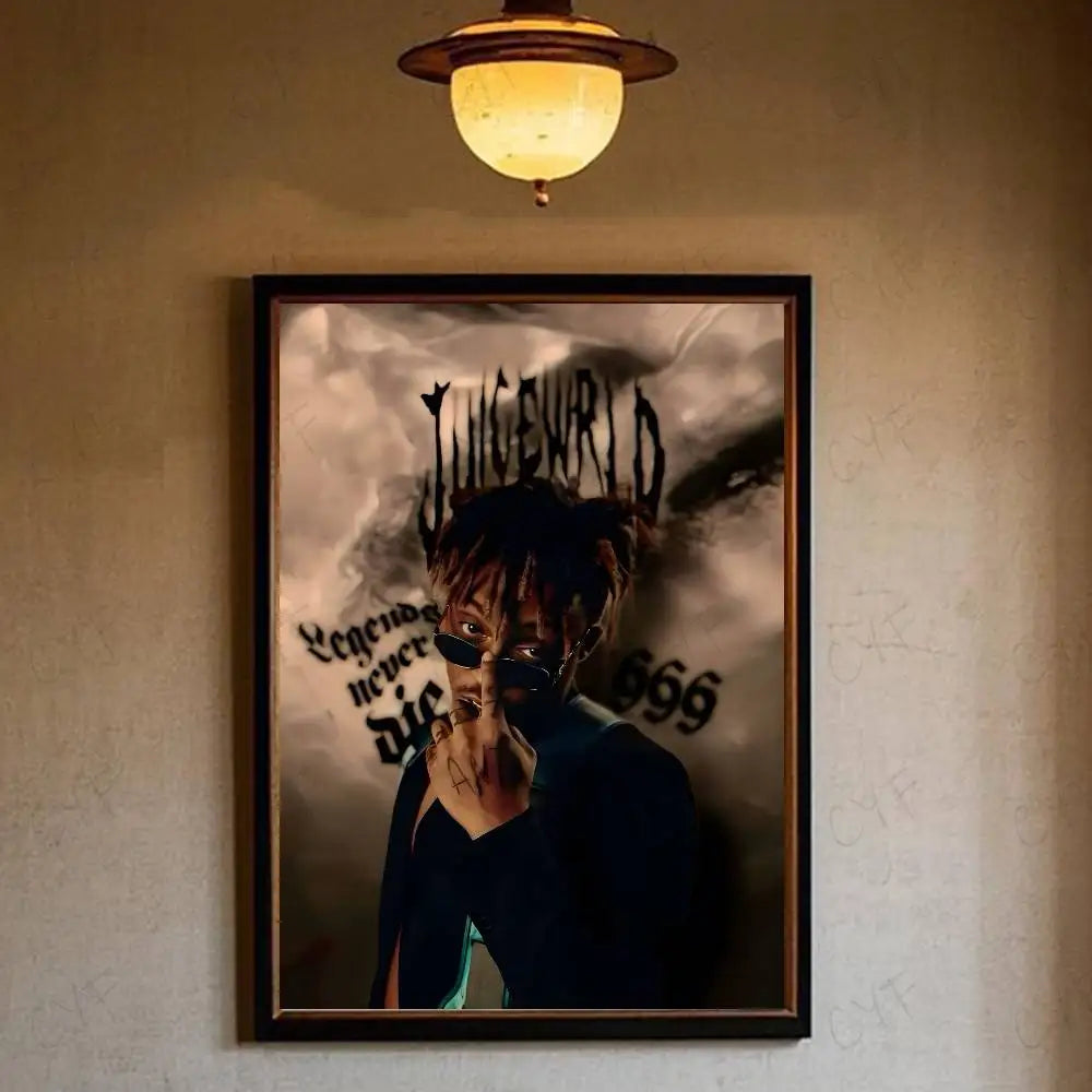 Black-framed juice wrld hip hop legends tribute poster with bold dark text on smoky gray waterproof home living wall art