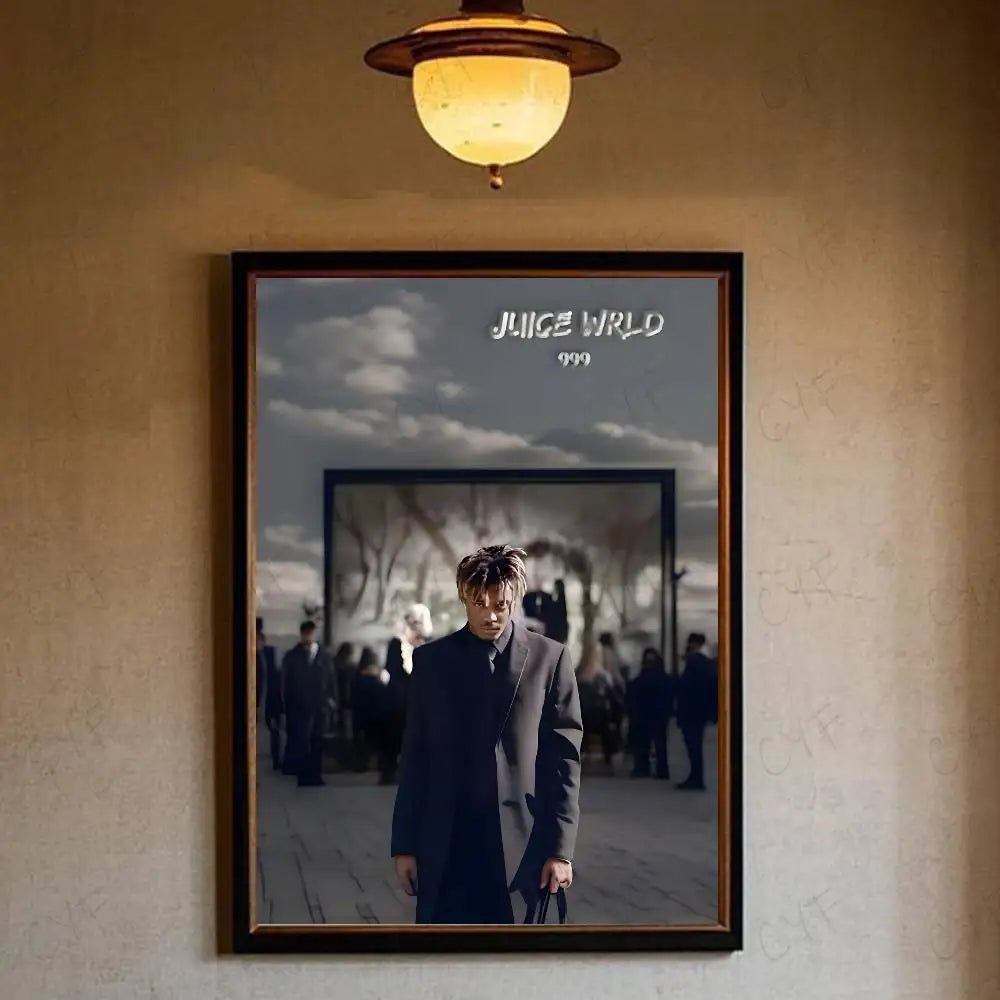 Black-framed wrld hip hop album 999 poster featuring artist in dark suit for waterproof home living decoration