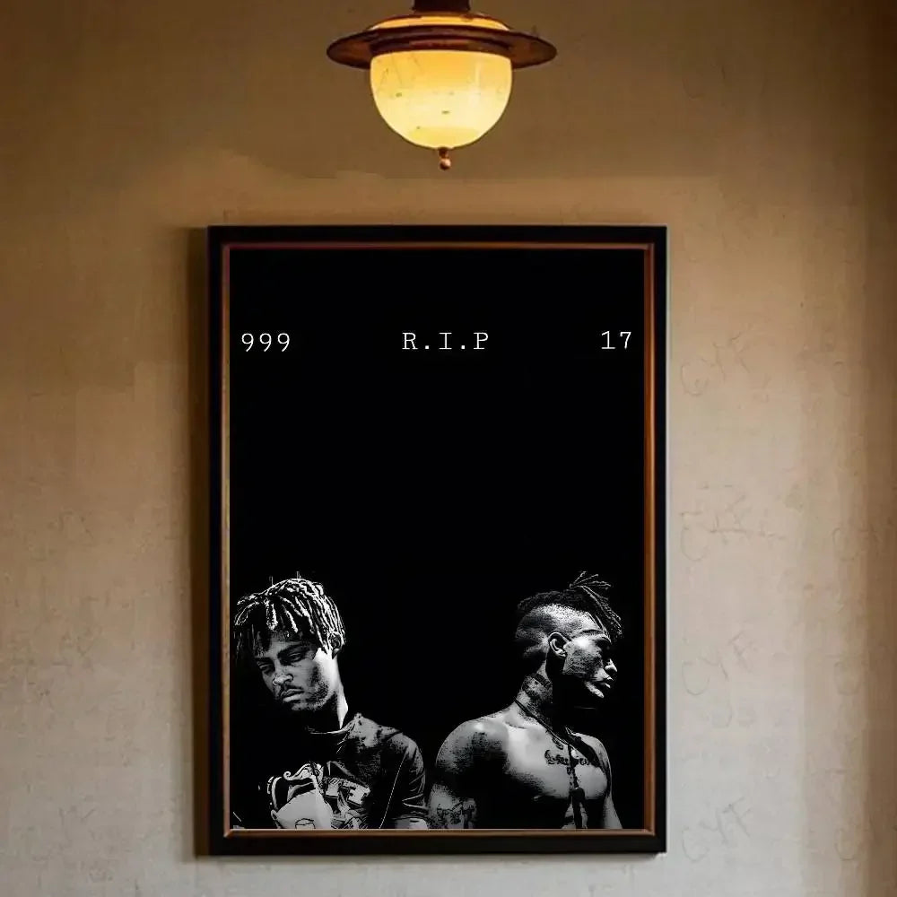 Black and white wrld hip hop legends tribute poster featuring two portraits with 999 r.i.p 17 text for waterproof home living