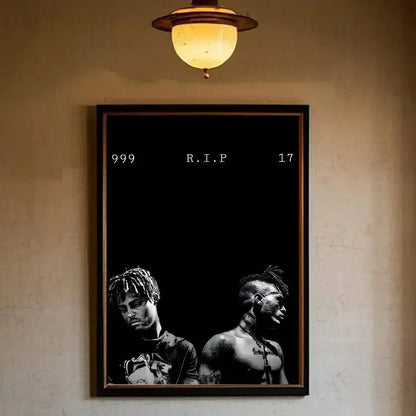 Black and white wrld hip hop legends tribute poster featuring two portraits with 999 r.i.p 17 text for waterproof home living