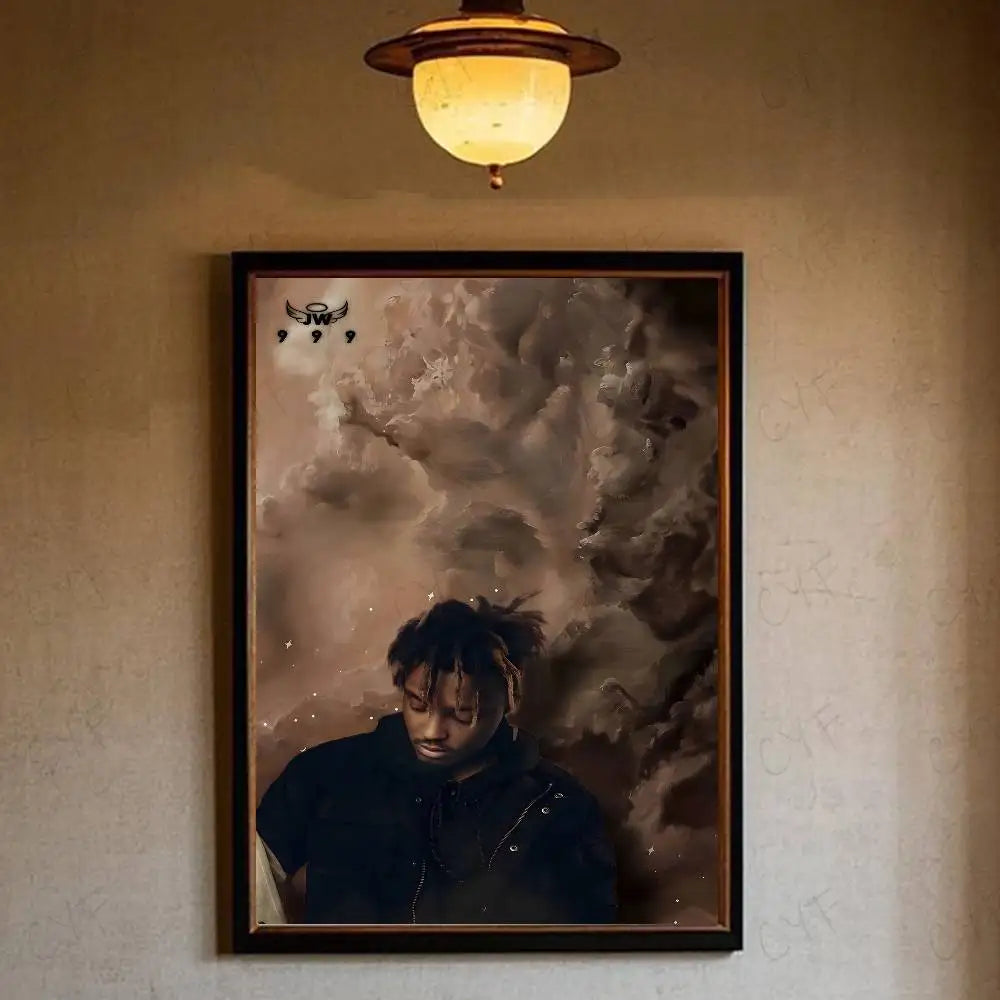 Black-framed wrld hip hop legends tribute poster featuring xxxtentacion with dark moody clouds waterproof home living decor