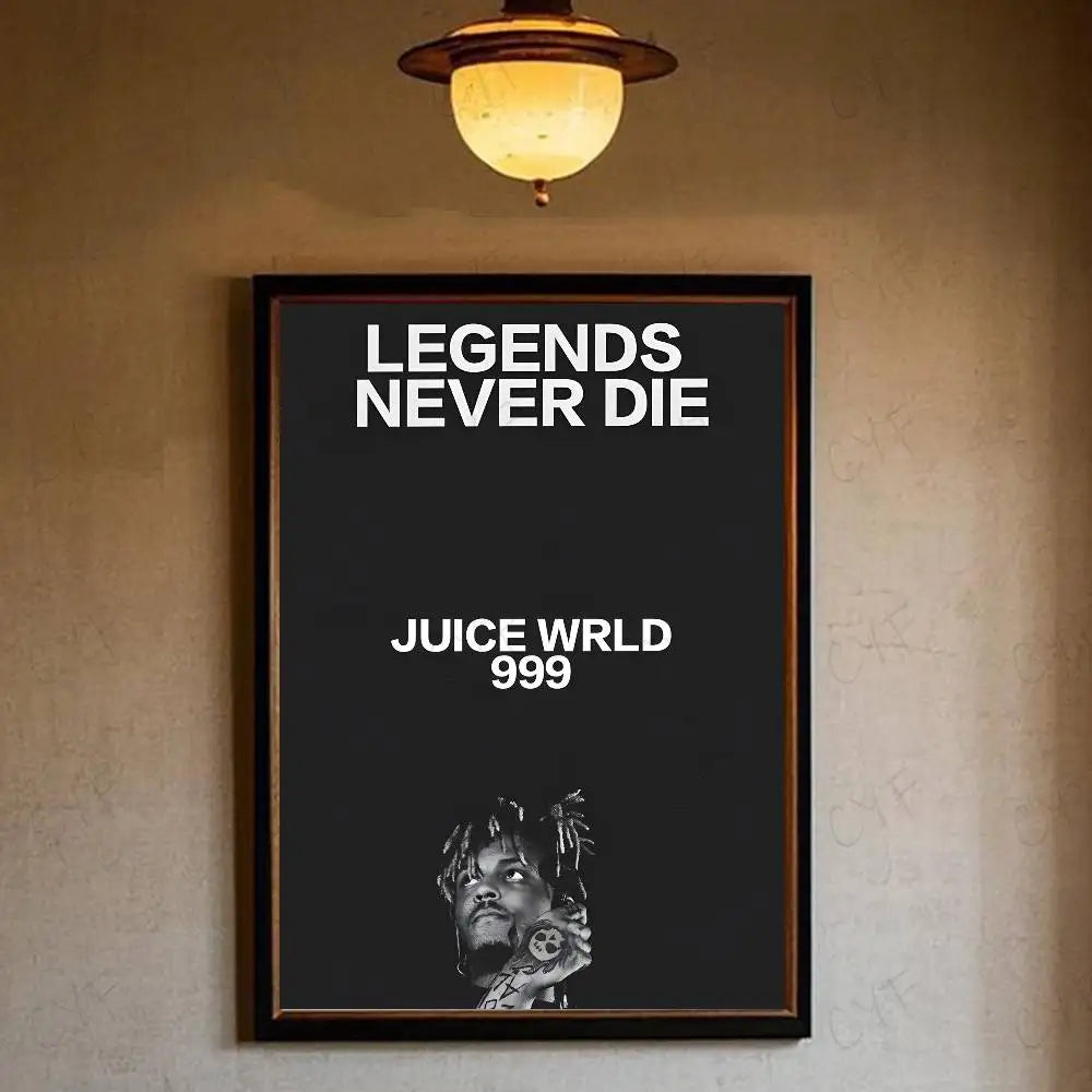Black framed juice wrld hip hop legends tribute poster with waterproof art for home living and bedroom decoration