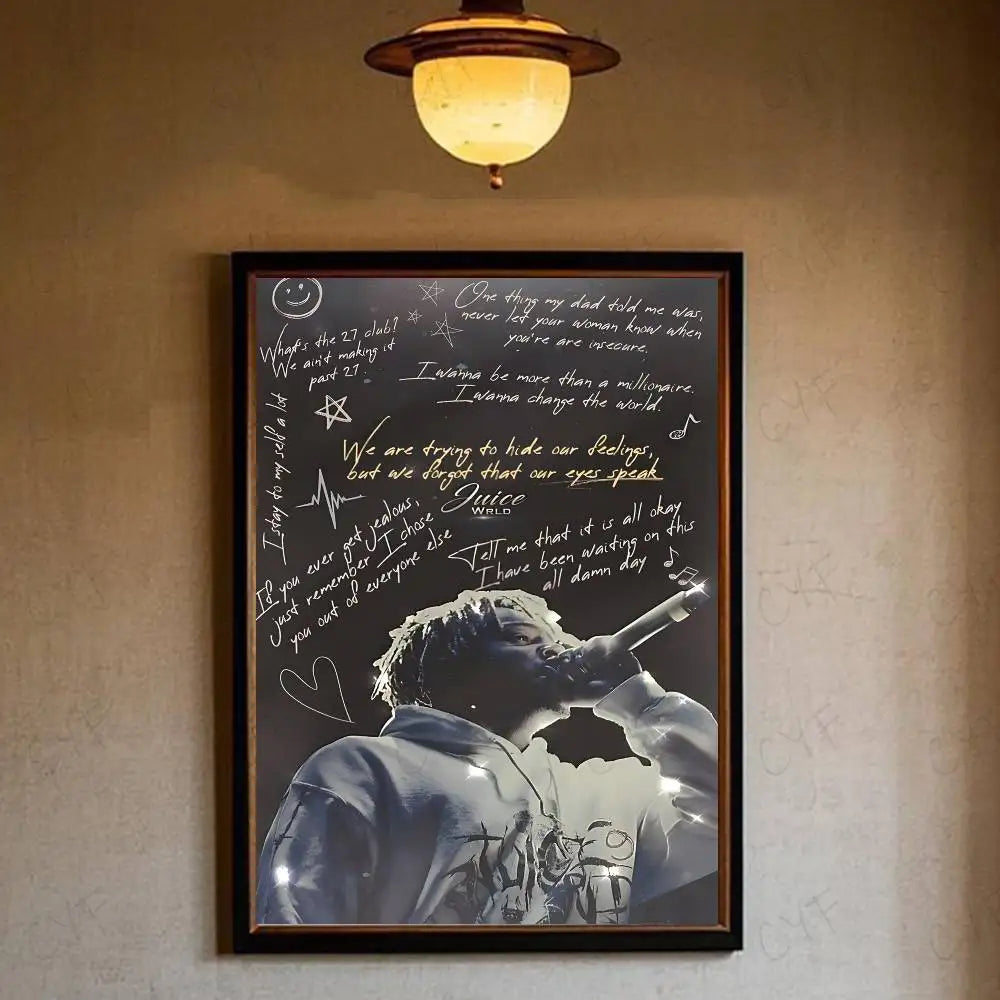 Black-and-white framed wrld hip hop legends tribute poster with handwritten lyrics waterproof home living decor