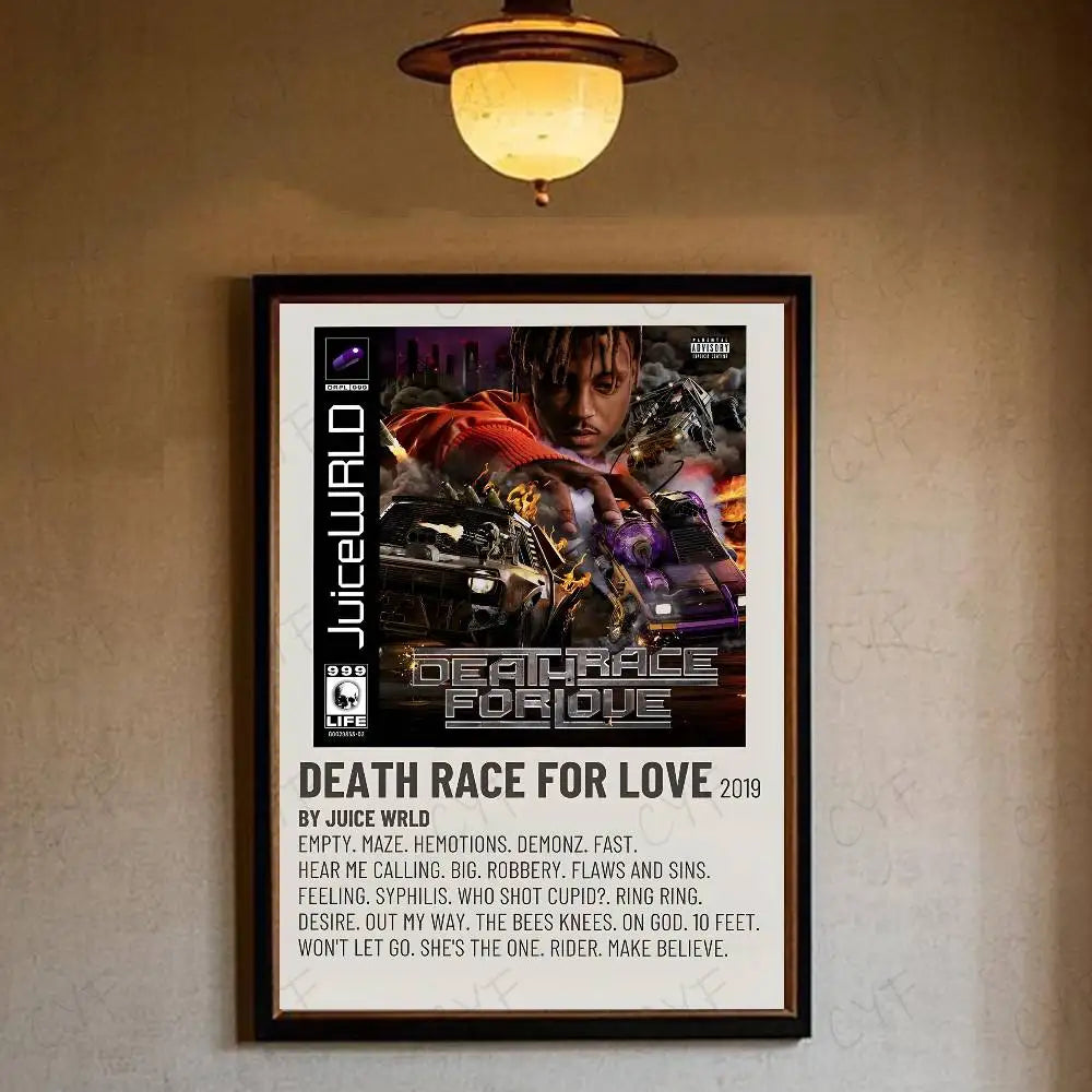 Black-framed waterproof home living juice wrld hip hop legends tribute poster with vibrant red artwork and bold text