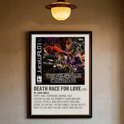 Black-framed waterproof home living juice wrld hip hop legends tribute poster with vibrant red artwork and bold text