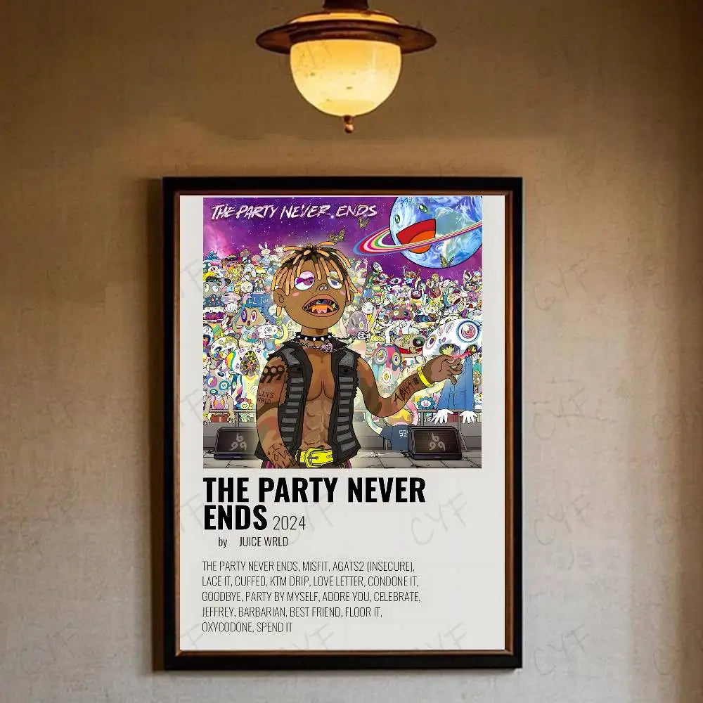 A framed wrld hip hop legends tribute poster with cartoon juice wrld and waterproof home living room decor